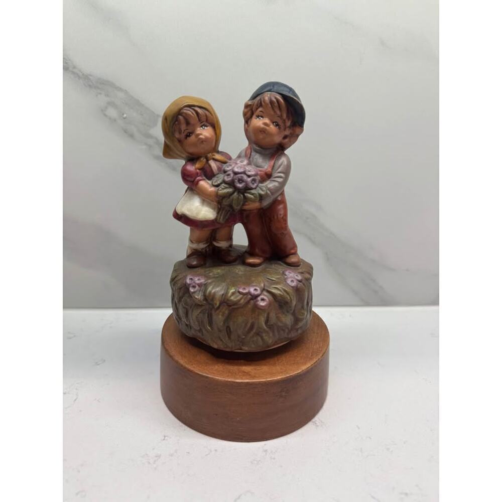 Vintage Hummel Style Louise Girl Boy Flowers Wind Up Rotating Musical Figurine